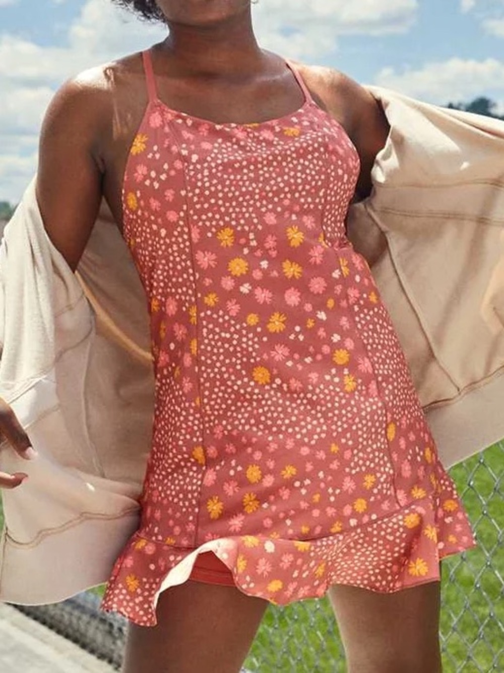 aerie Coral Pink Floral Activewear Ruffle Dress